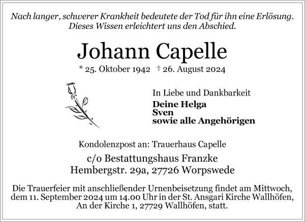 Traueranzeige von Johann Capelle von Osterholzer Kreisblatt