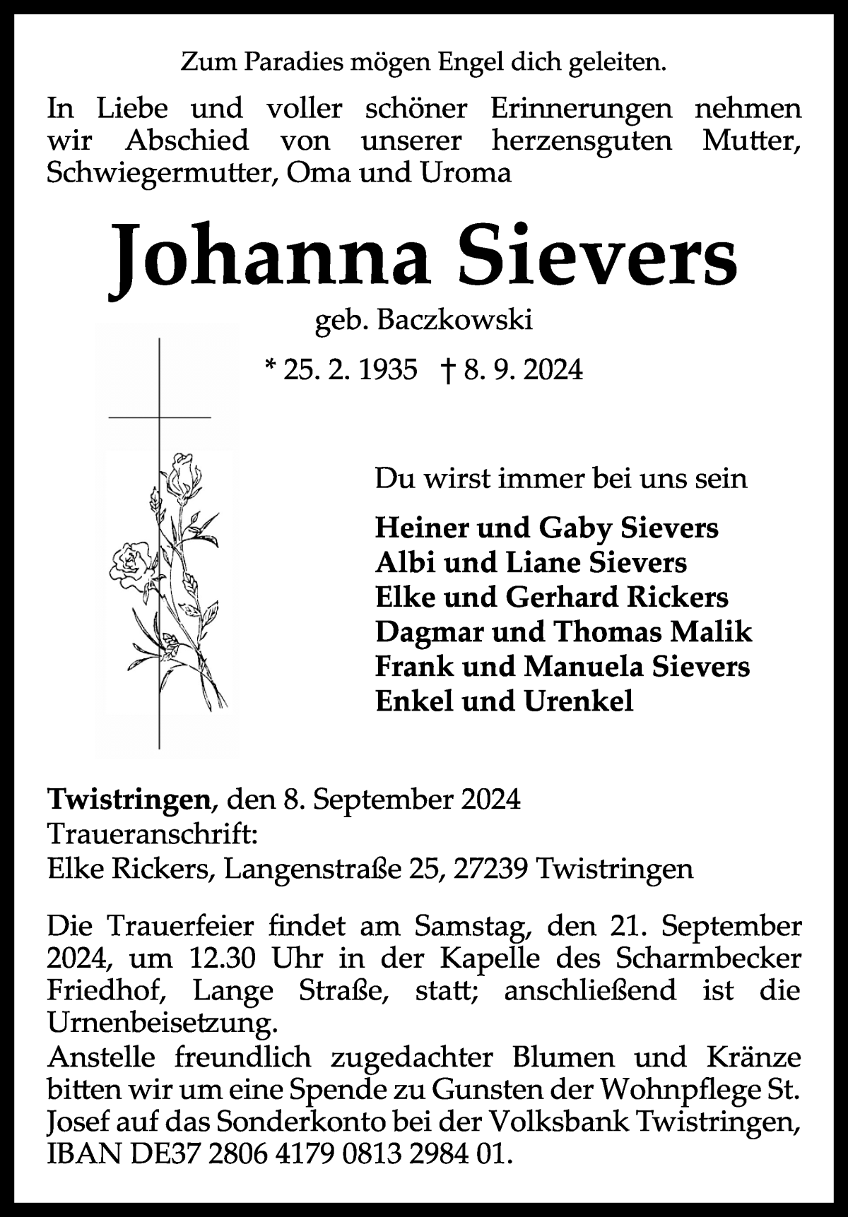 Traueranzeige von Johanna Sievers von Osterholzer Kreisblatt