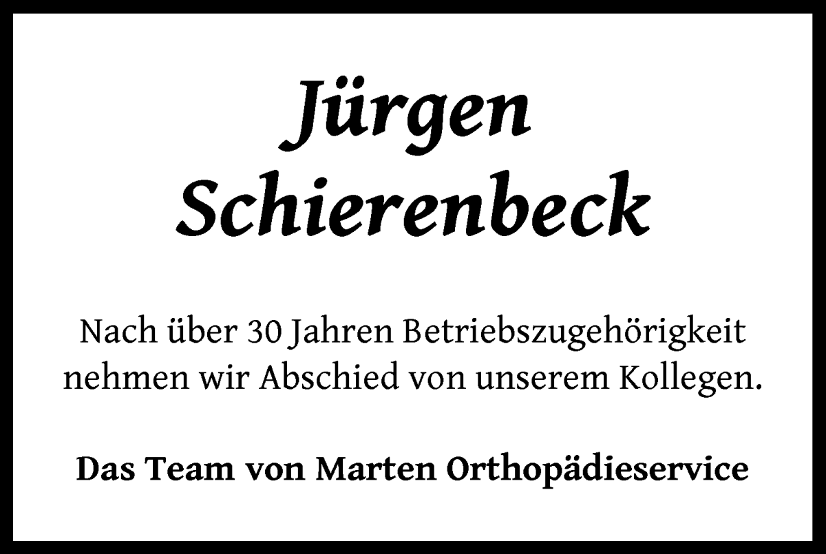  Traueranzeige für Jürgen Schierenbeck vom 28.09.2024 aus WESER-KURIER