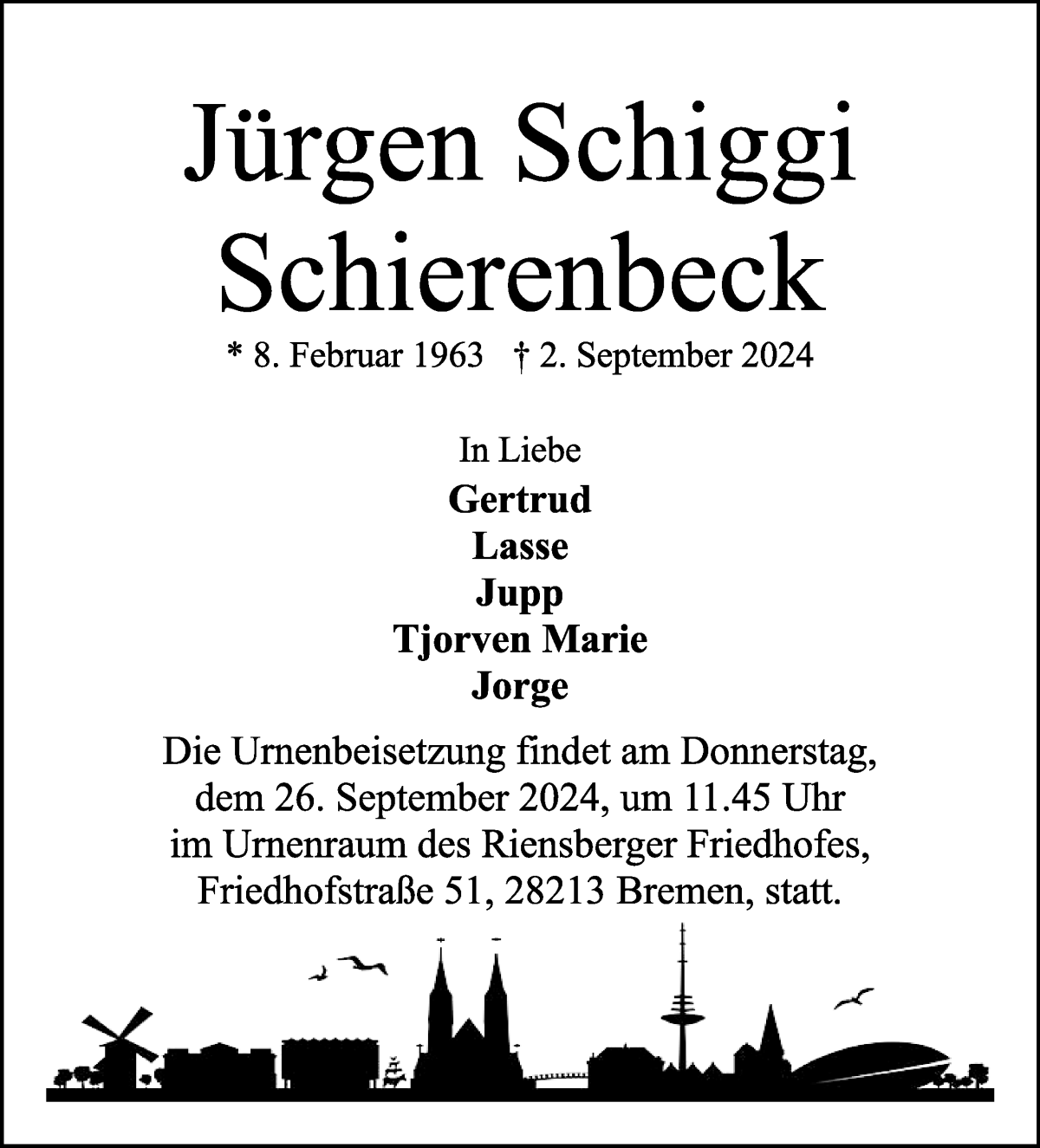  Traueranzeige für Jürgen Schierenbeck vom 21.09.2024 aus WESER-KURIER