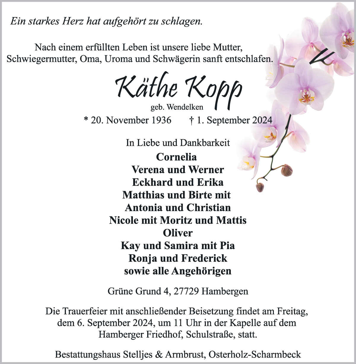 Traueranzeige von Käthe Kopp von Osterholzer Kreisblatt