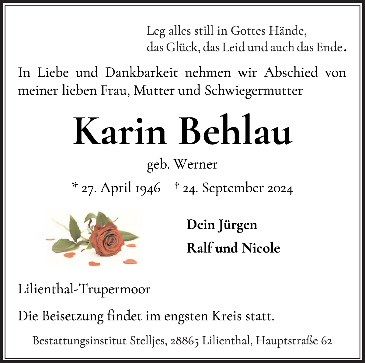 Traueranzeige von Karin Behlau von Wuemme Zeitung