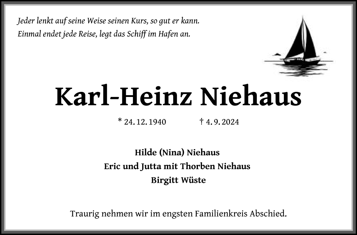 Traueranzeige von Karl-Heinz Niehaus von Die Norddeutsche