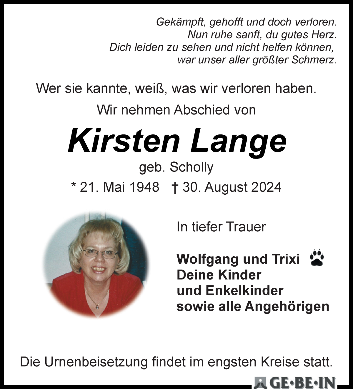 Traueranzeige von Kirsten Lange von WESER-KURIER