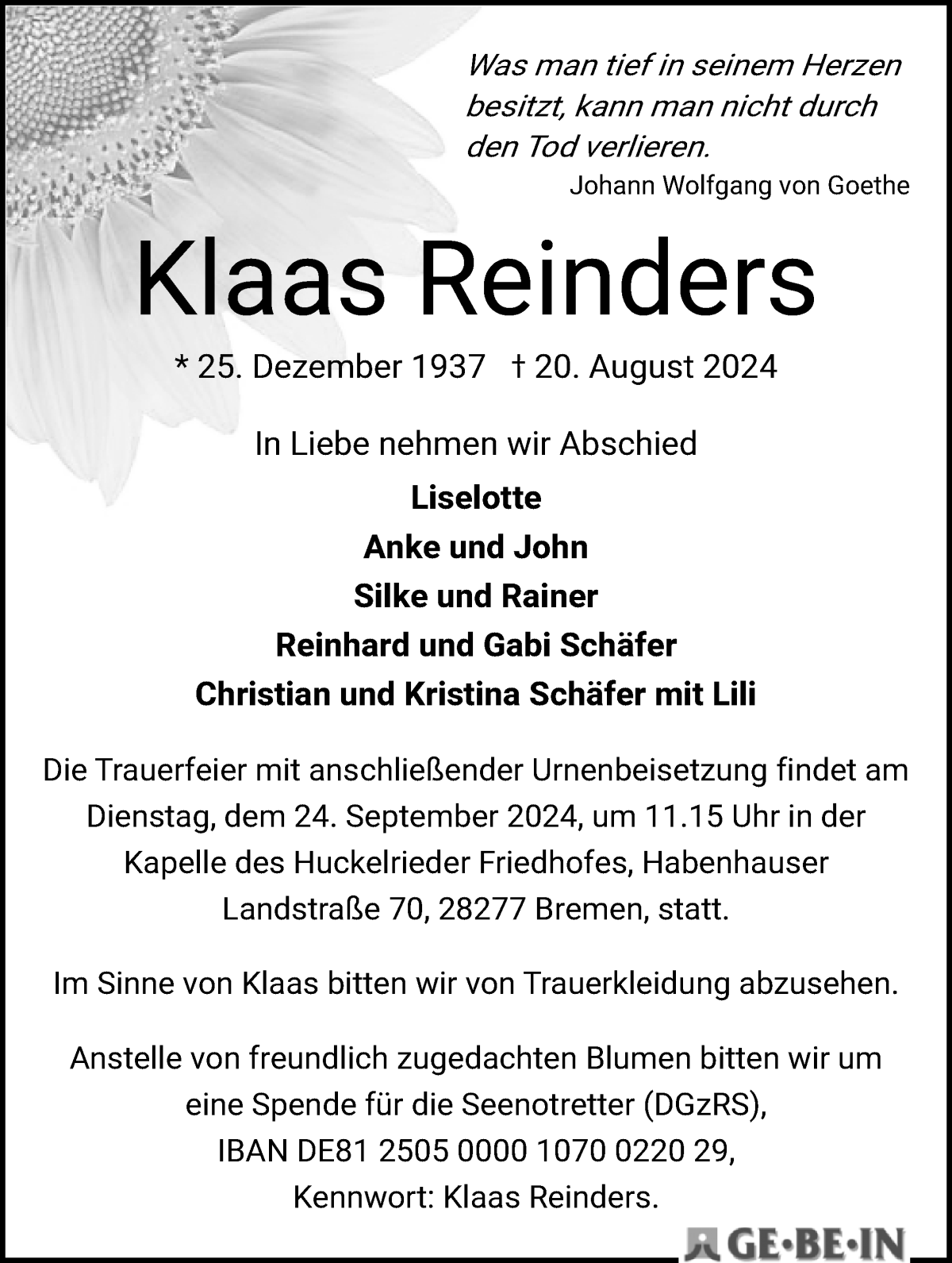 Traueranzeige von Klaas Reinders von WESER-KURIER