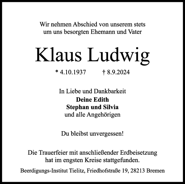 Traueranzeige von Klaus Ludwig von WESER-KURIER