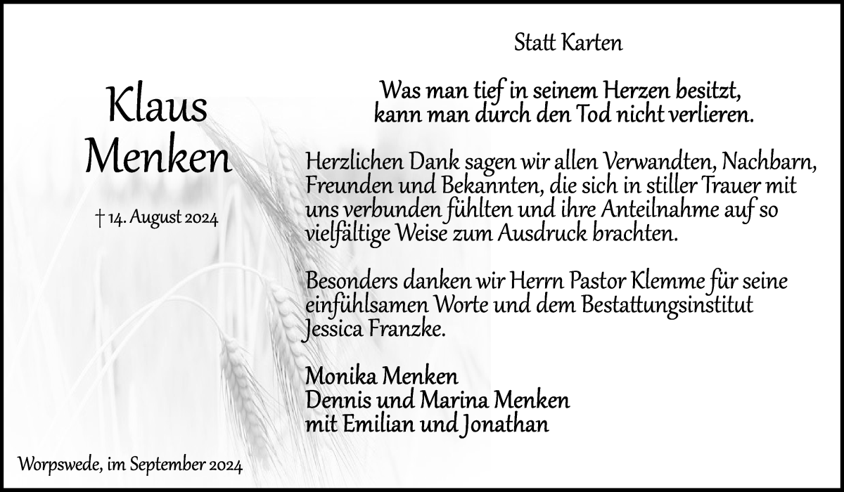 Traueranzeige von Klaus Menken von Wuemme Zeitung