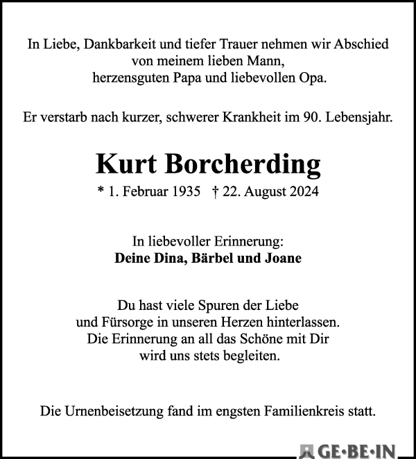 Traueranzeige von Kurt Borcherding von WESER-KURIER