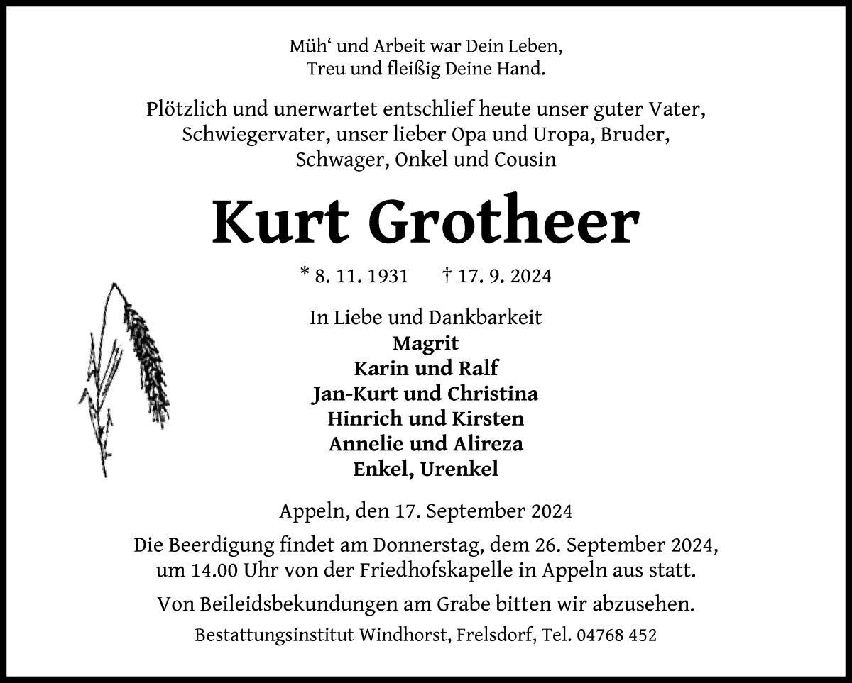 Traueranzeige von Kurt Grotheer von Osterholzer Kreisblatt