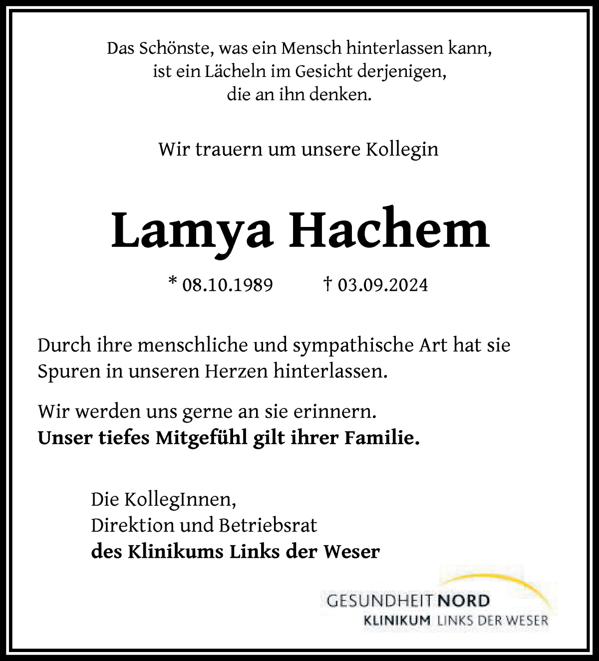 Traueranzeige von Lamya Hachem von WESER-KURIER