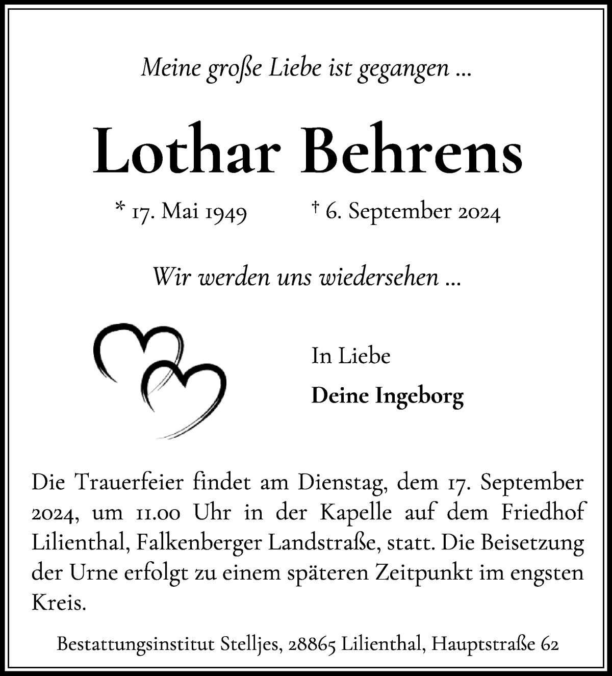 Traueranzeige von Lothar Behrens von Wuemme Zeitung