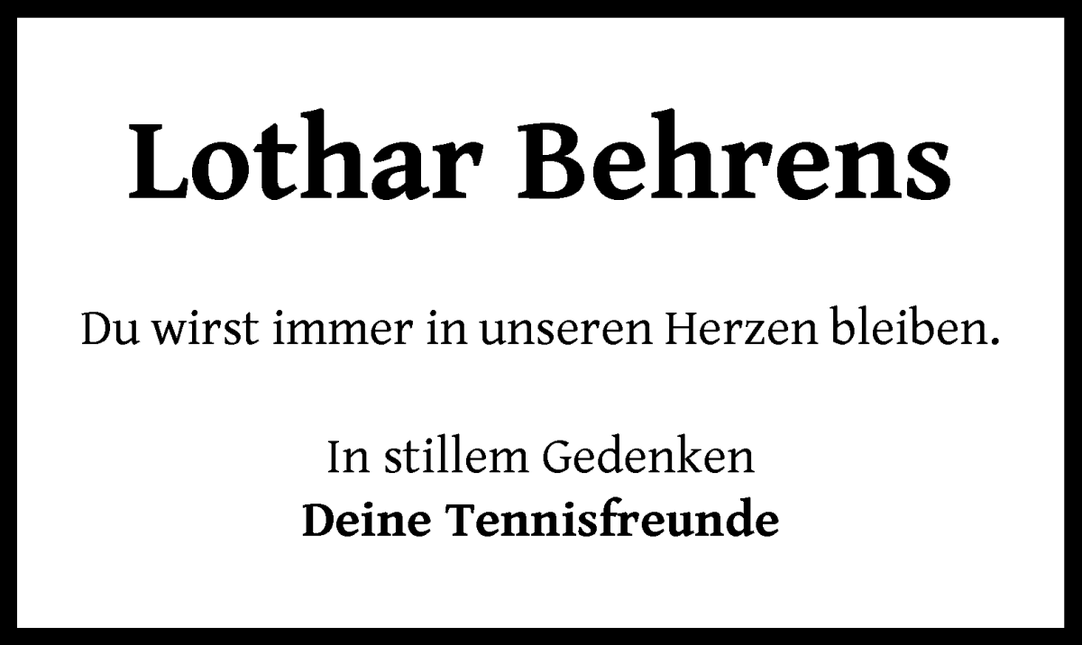 Traueranzeige von Lothar Behrens von Wuemme Zeitung