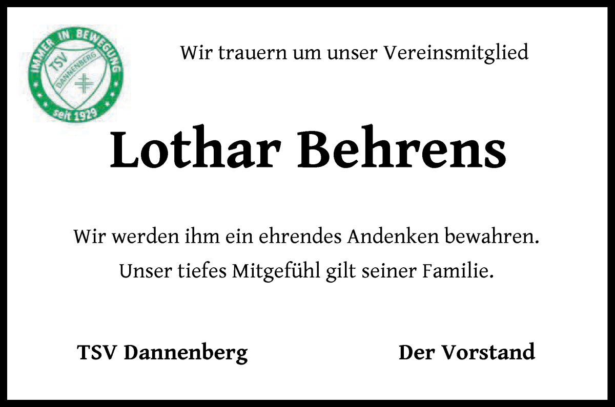 Traueranzeige von Lothar Behrens von Wuemme Zeitung