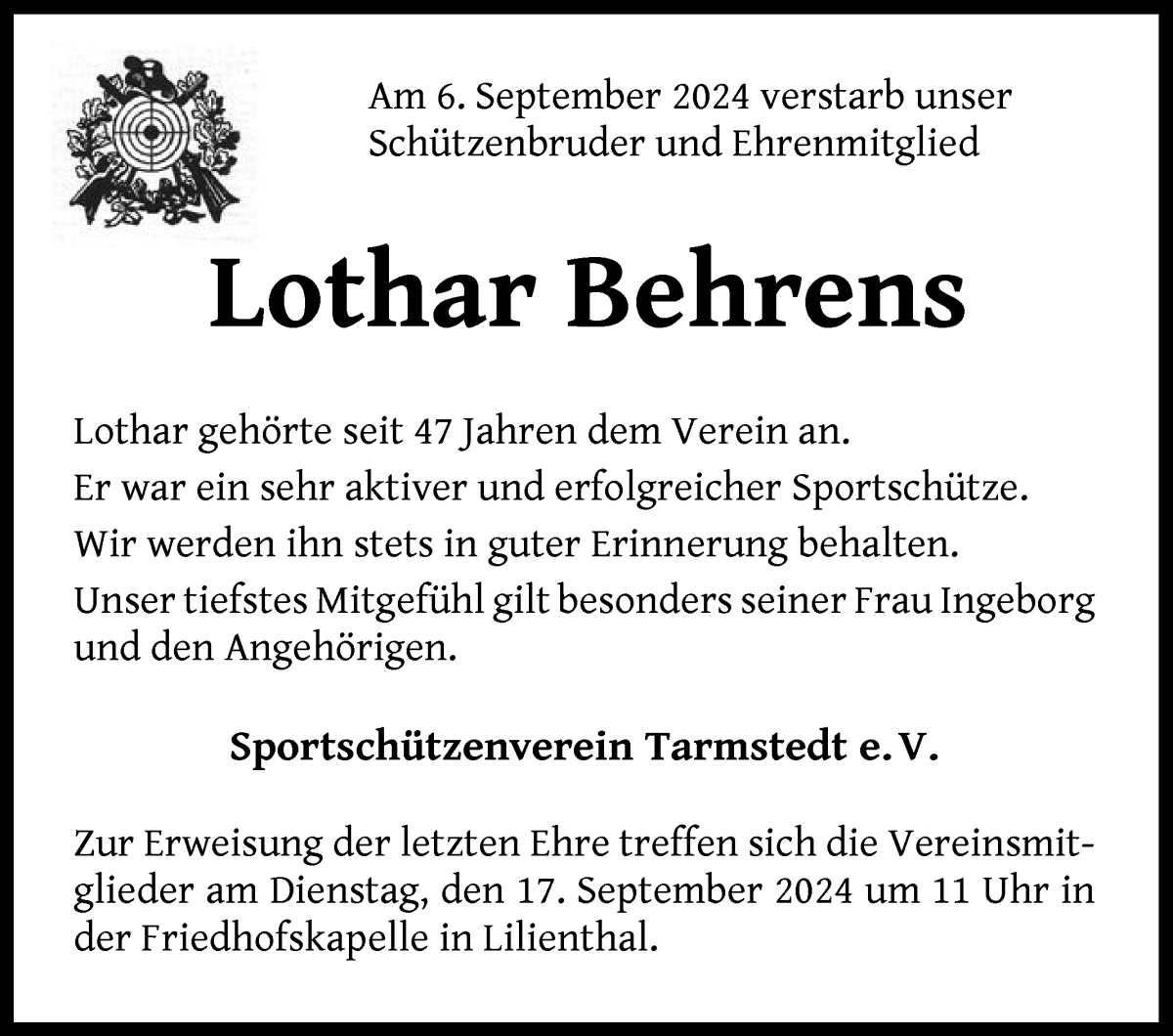 Traueranzeige von Lothar Behrens von Wuemme Zeitung