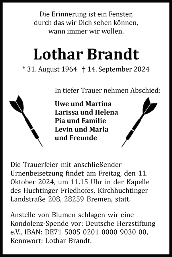 Traueranzeige von Lothar Brandt von WESER-KURIER