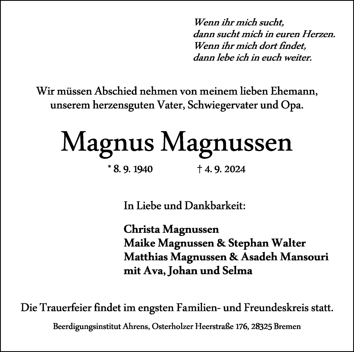 Traueranzeige von Magnus Magnussen von WESER-KURIER