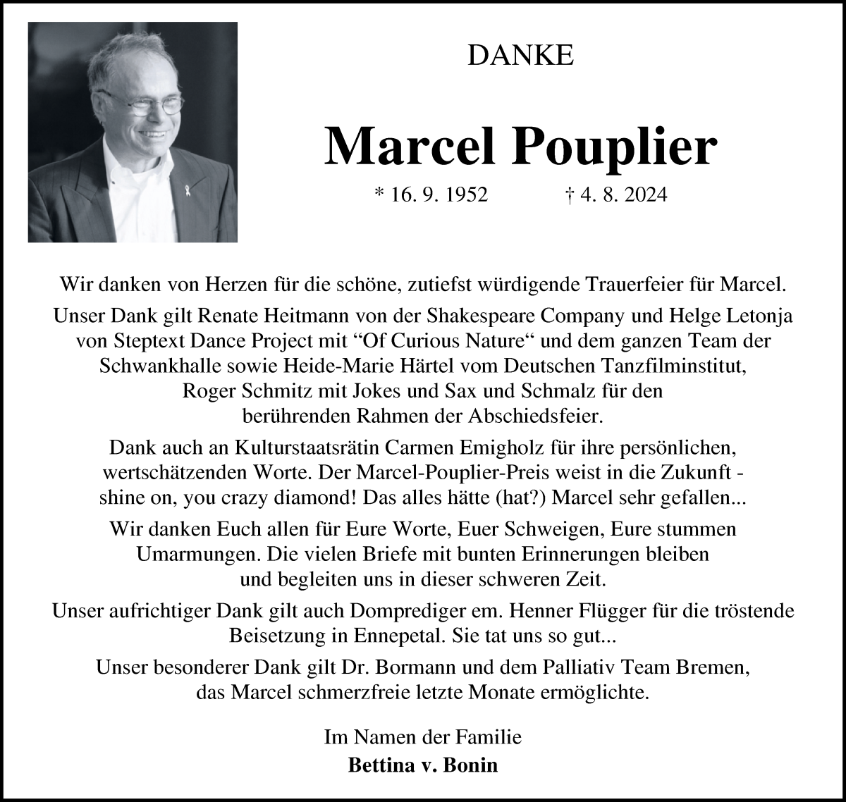 Traueranzeige von Marcel Pouplier von WESER-KURIER