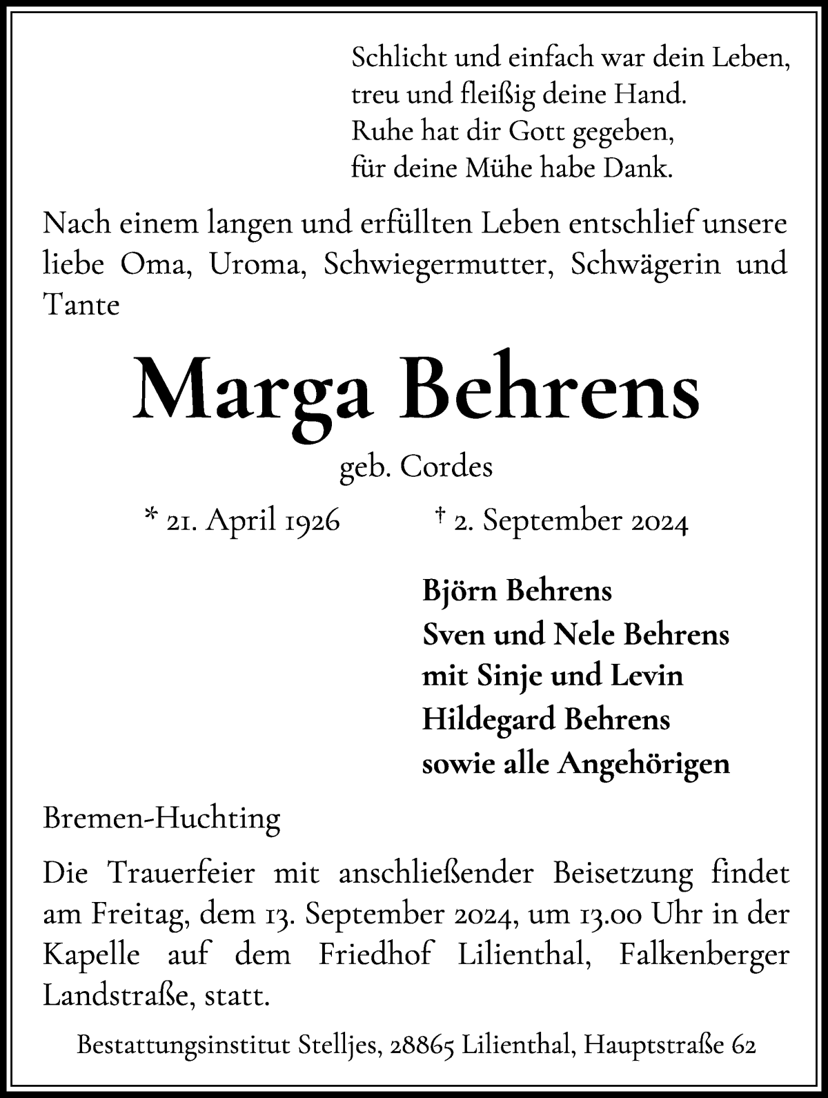 Traueranzeige von Marga Behrens von WESER-KURIER