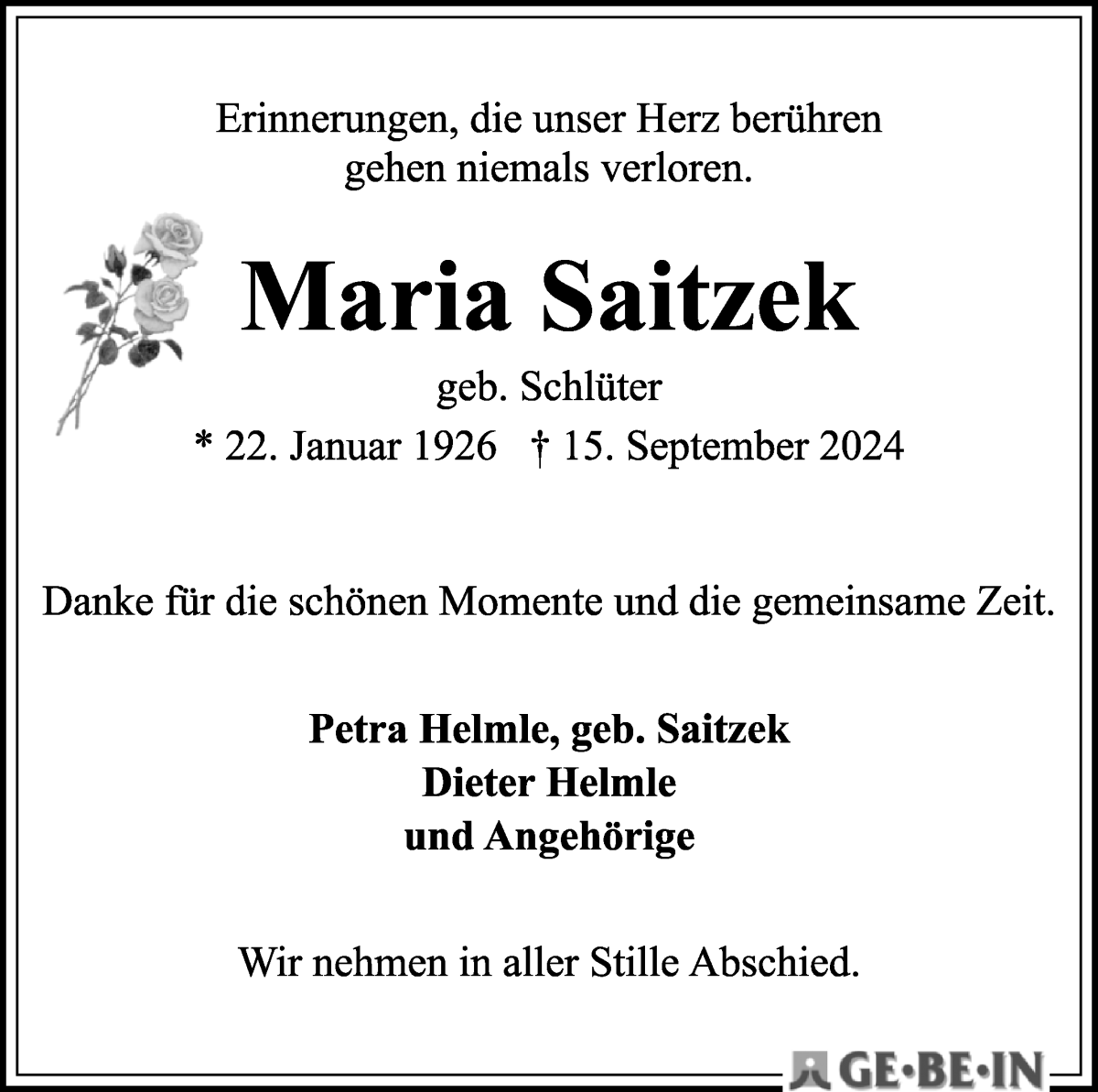 Traueranzeige von Maria Saitzek von WESER-KURIER