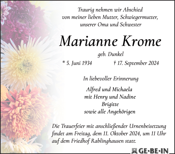 Traueranzeige von Marianne Krome von WESER-KURIER