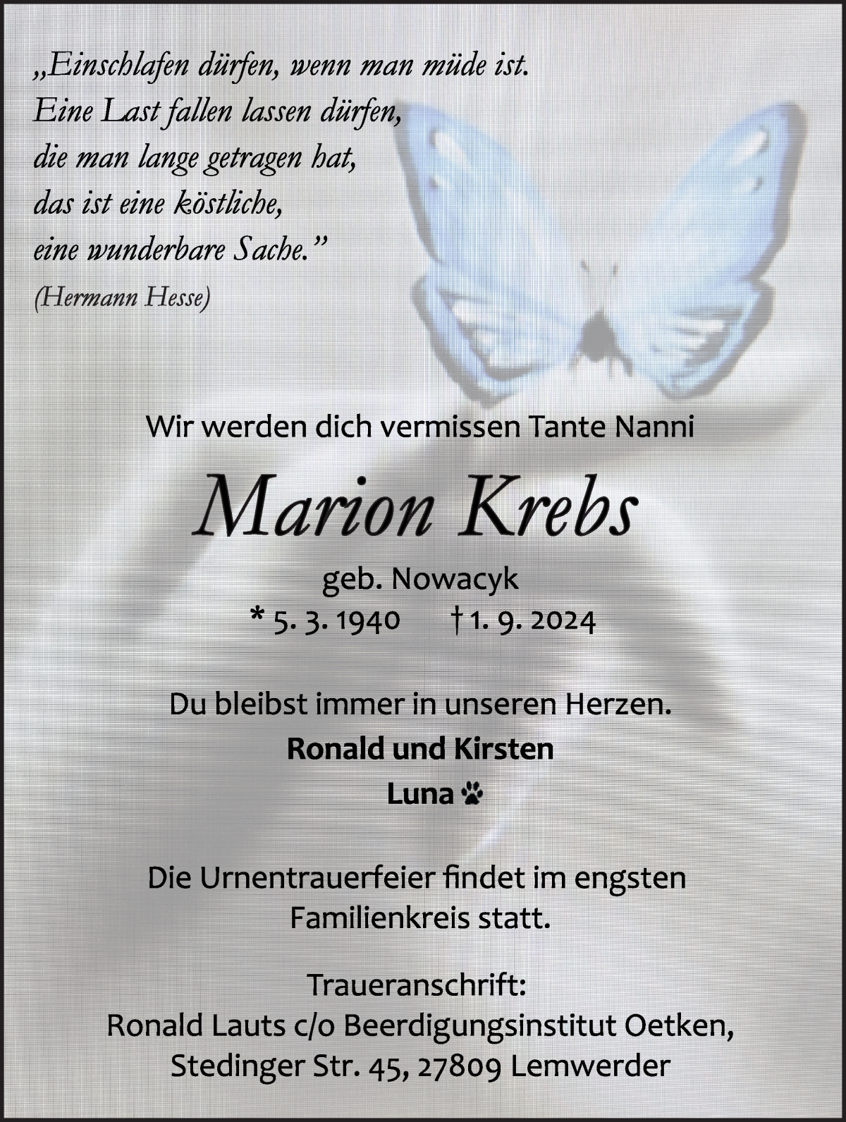 Traueranzeige von Marion Krebs von Die Norddeutsche