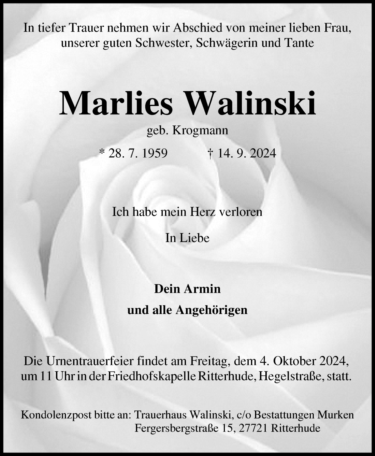 Traueranzeige von Marlies Walinski von WESER-KURIER