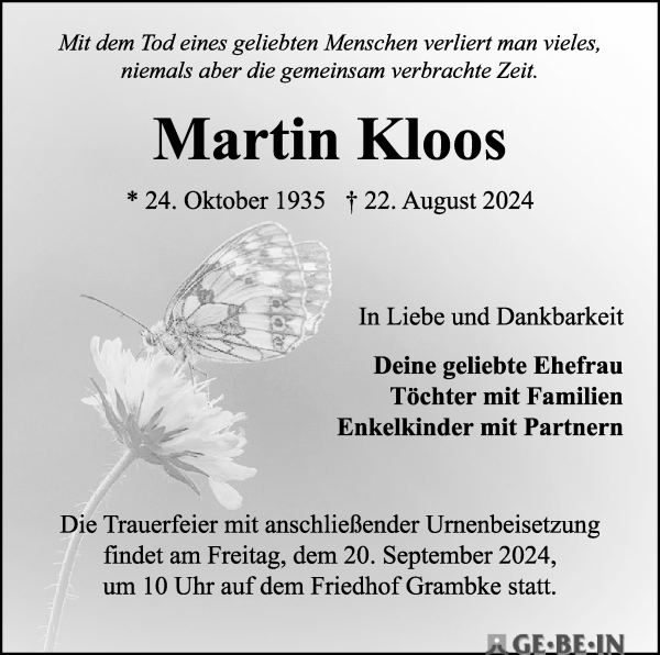 Traueranzeige von Martin Kloos von WESER-KURIER