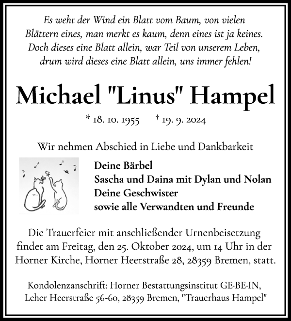 Traueranzeige von Michael Hampel von WESER-KURIER