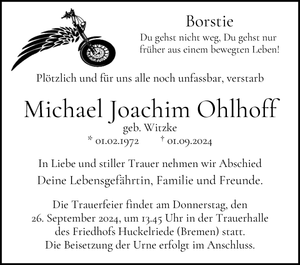 Traueranzeige von Michael Joachim Ohlhoff von WESER-KURIER