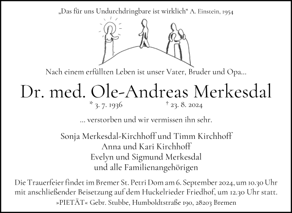 Traueranzeige von Ole-Andreas Merkesdal von WESER-KURIER