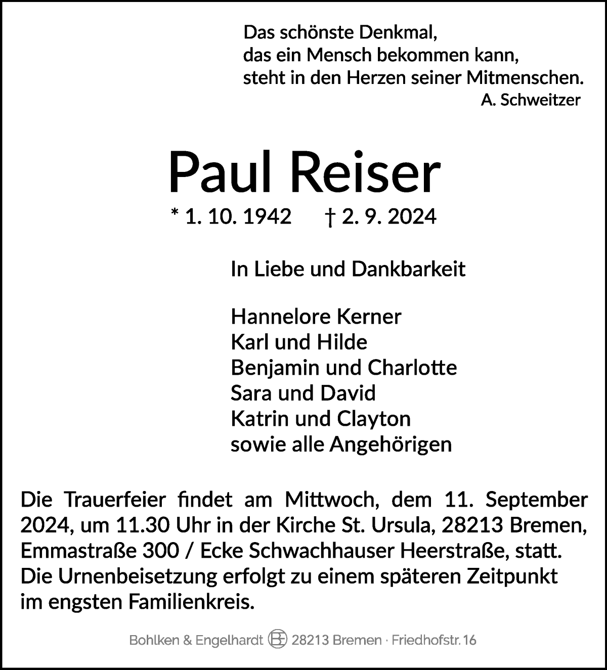 Traueranzeige von Paul Reiser von WESER-KURIER