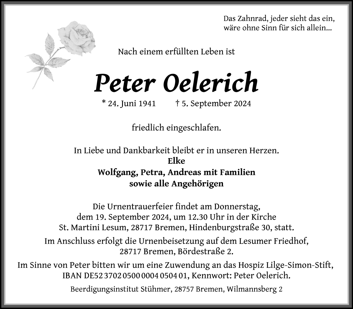 Traueranzeige von Peter Oelrerich von Die Norddeutsche