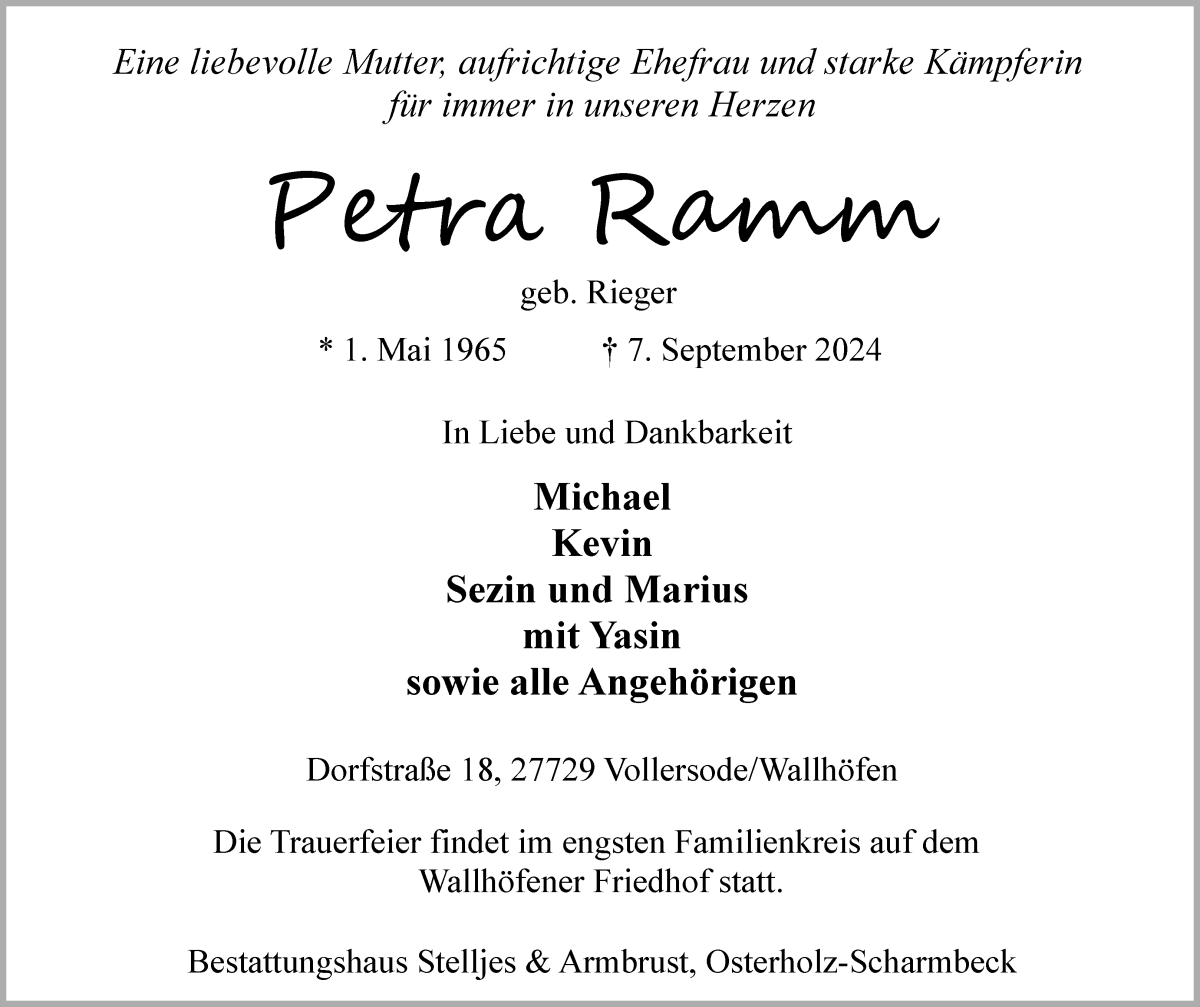 Traueranzeige von Petra Ramm von Osterholzer Kreisblatt