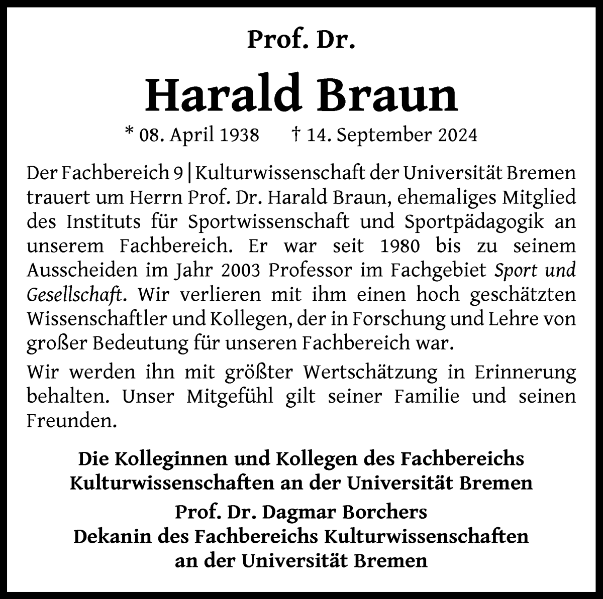 Traueranzeige von Prof. Dr. Harald Braun von WESER-KURIER