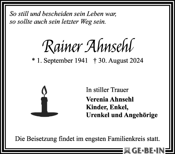 Traueranzeige von Rainer Ahnsehl von WESER-KURIER