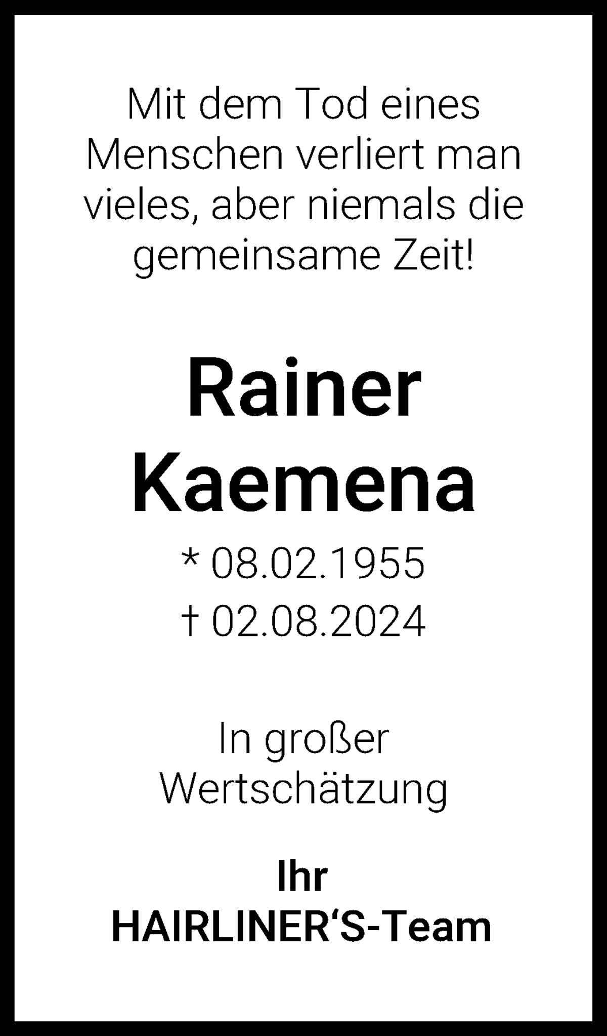 Traueranzeige von Rainer Kaemena von WESER-KURIER