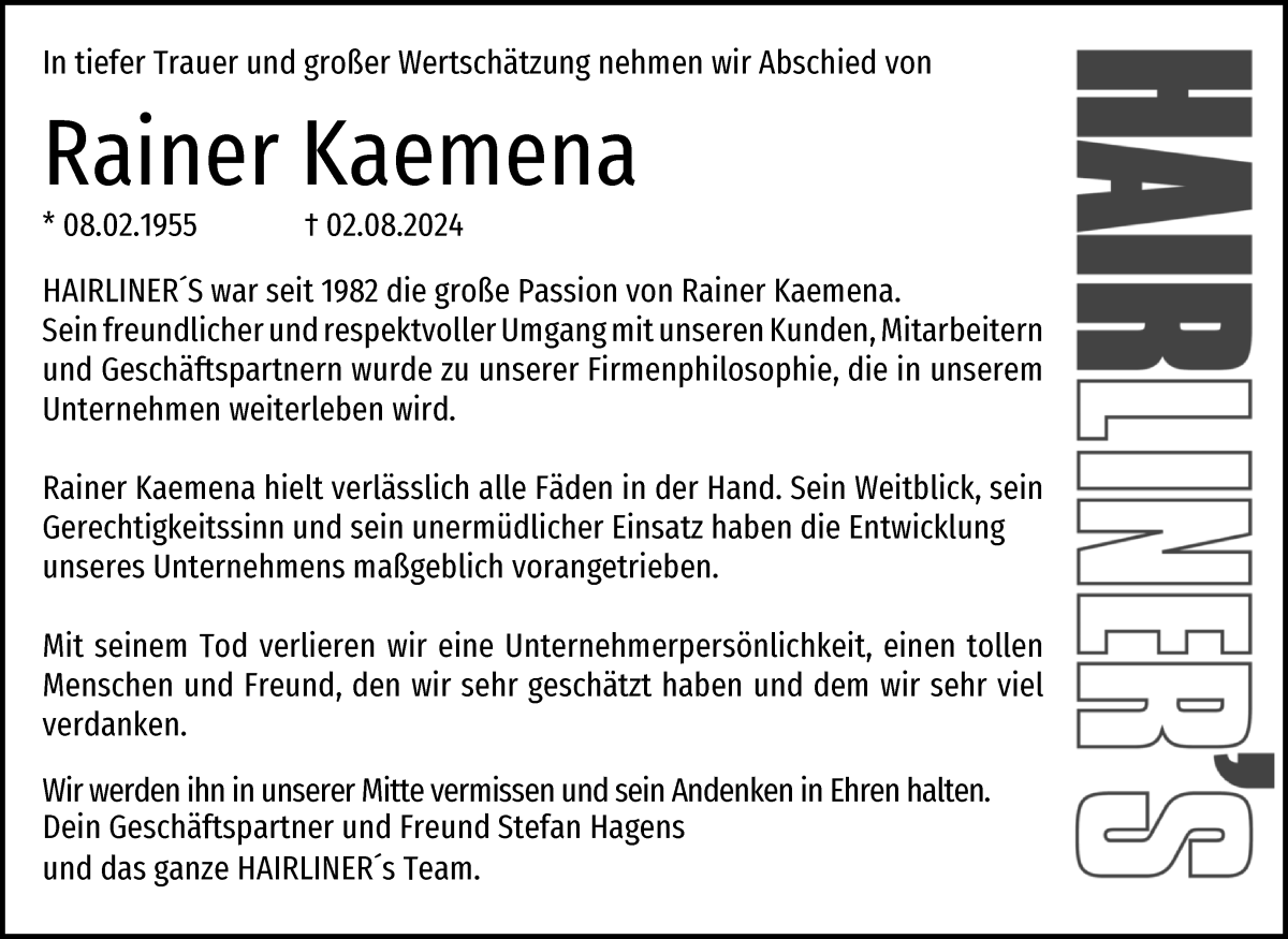 Traueranzeige von Rainer Kaemena von WESER-KURIER