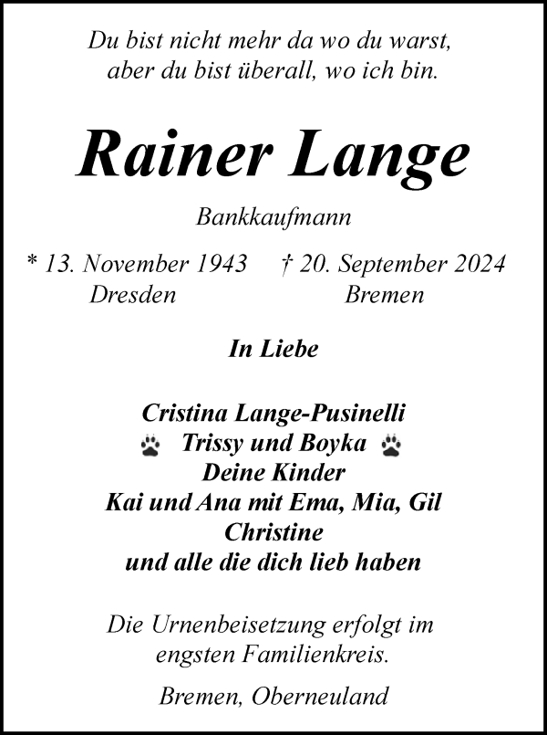 Traueranzeige von Rainer Lange von WESER-KURIER