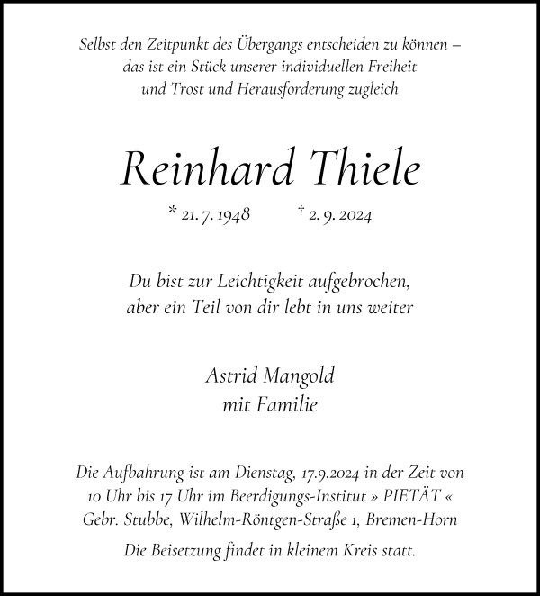 Traueranzeige von Reinhard Thiele von WESER-KURIER