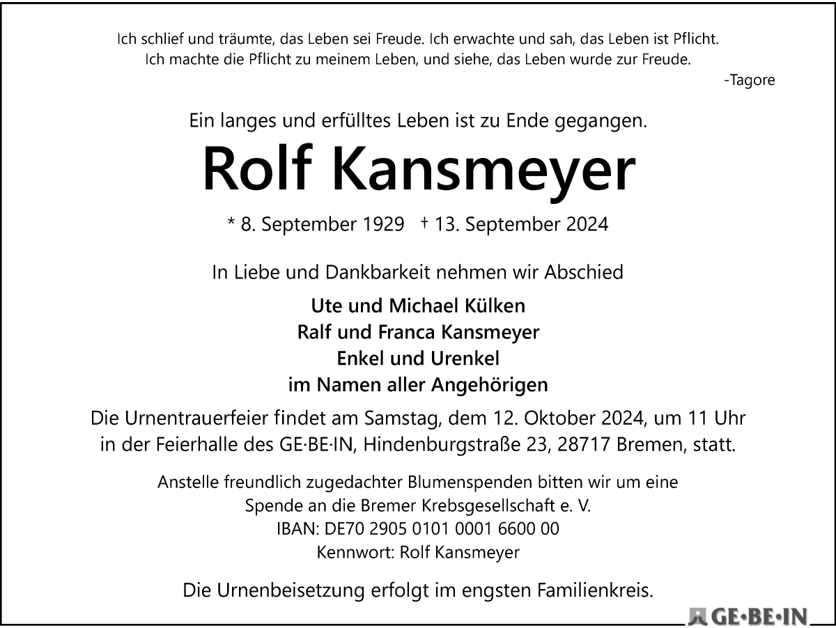 Traueranzeige von Rolf Kansmeyer von Die Norddeutsche