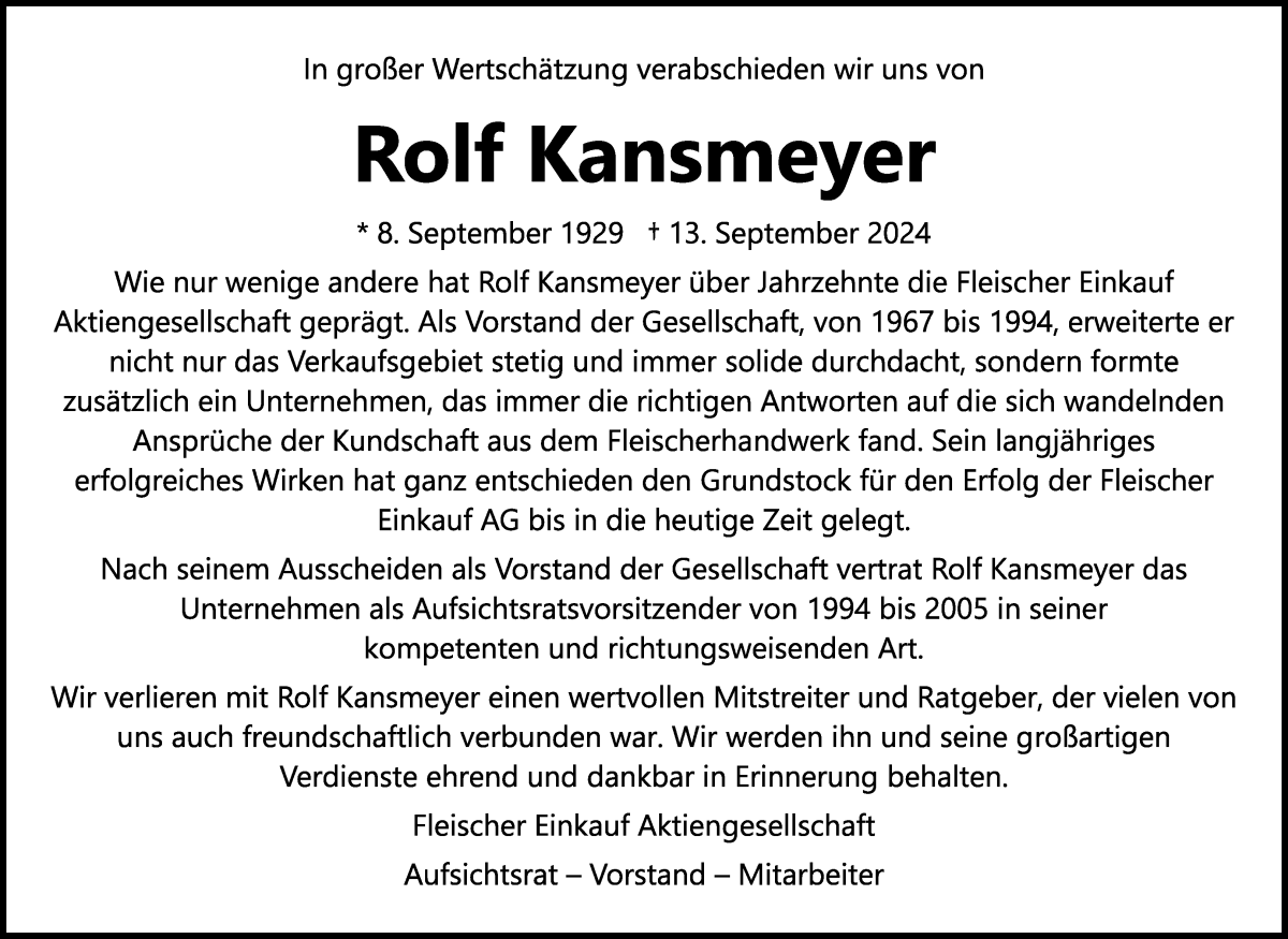 Traueranzeige von Rolf Kansmeyer von Die Norddeutsche