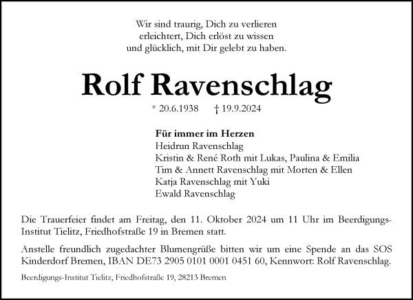 Traueranzeige von Rolf Ravenschlag von WESER-KURIER