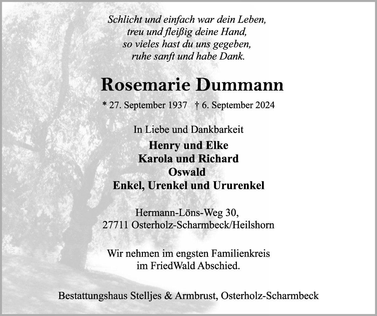 Traueranzeige von Rosemarie Dummann von Osterholzer Kreisblatt