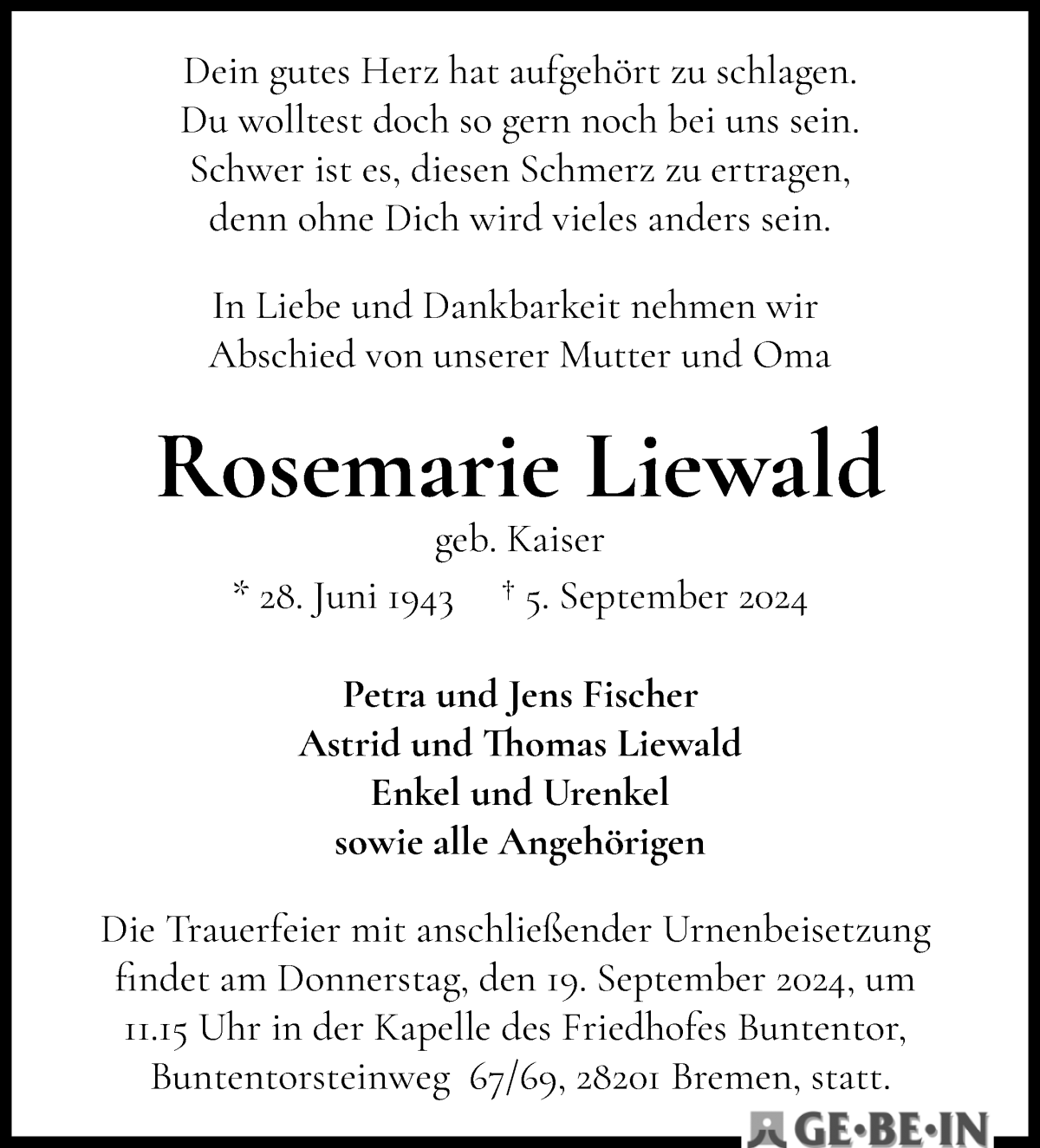 Traueranzeige von Rosemarie Liewald von WESER-KURIER