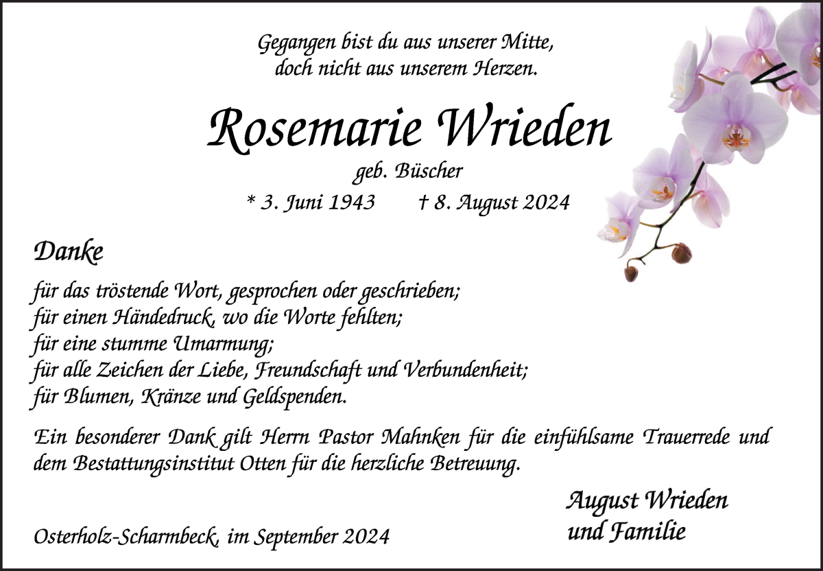 Traueranzeige von Rosemarie Wrieden von Osterholzer Kreisblatt