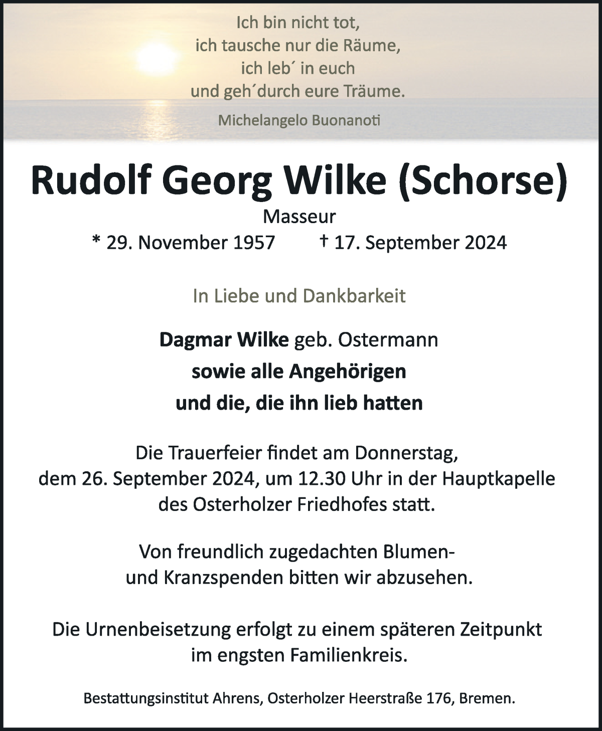  Traueranzeige für Rudolf Wilke vom 21.09.2024 aus WESER-KURIER