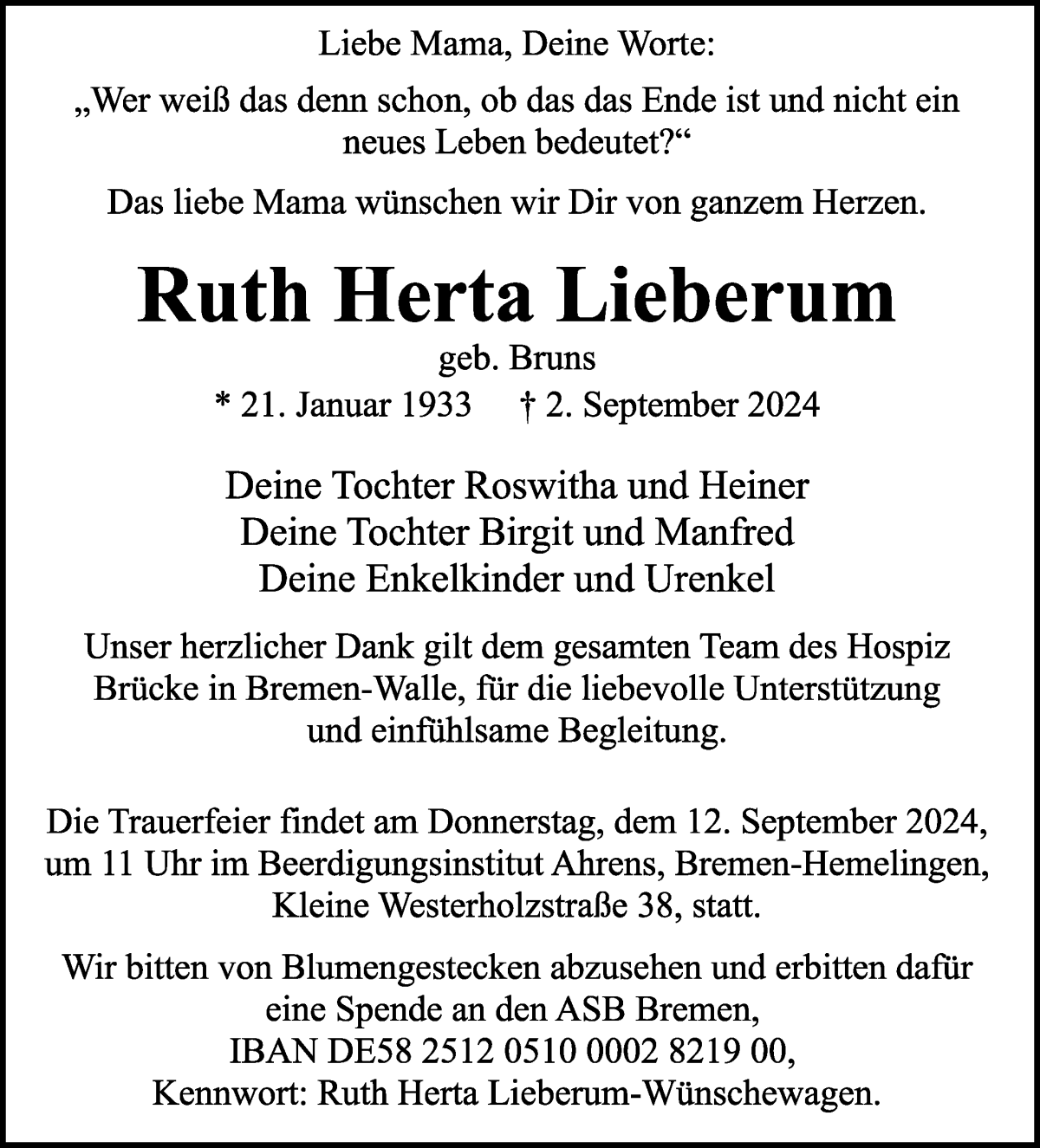 Traueranzeige von Ruth Herta Lieberum von WESER-KURIER