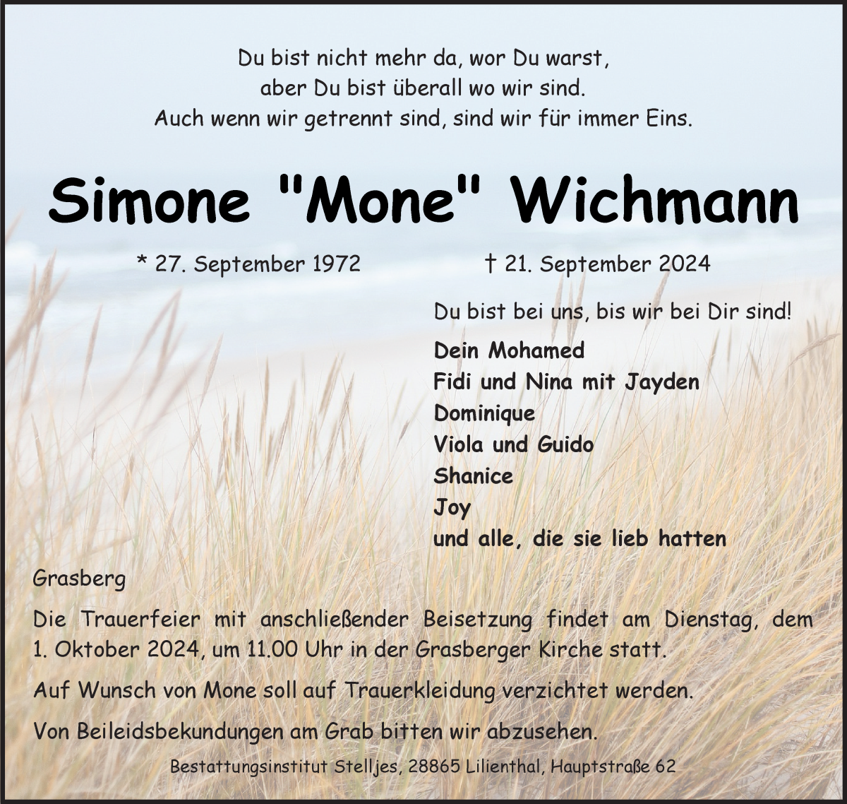  Traueranzeige für Simone Wichmann vom 28.09.2024 aus Wuemme Zeitung