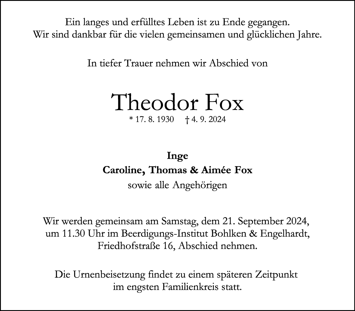 Traueranzeige von Theodor Fox von WESER-KURIER