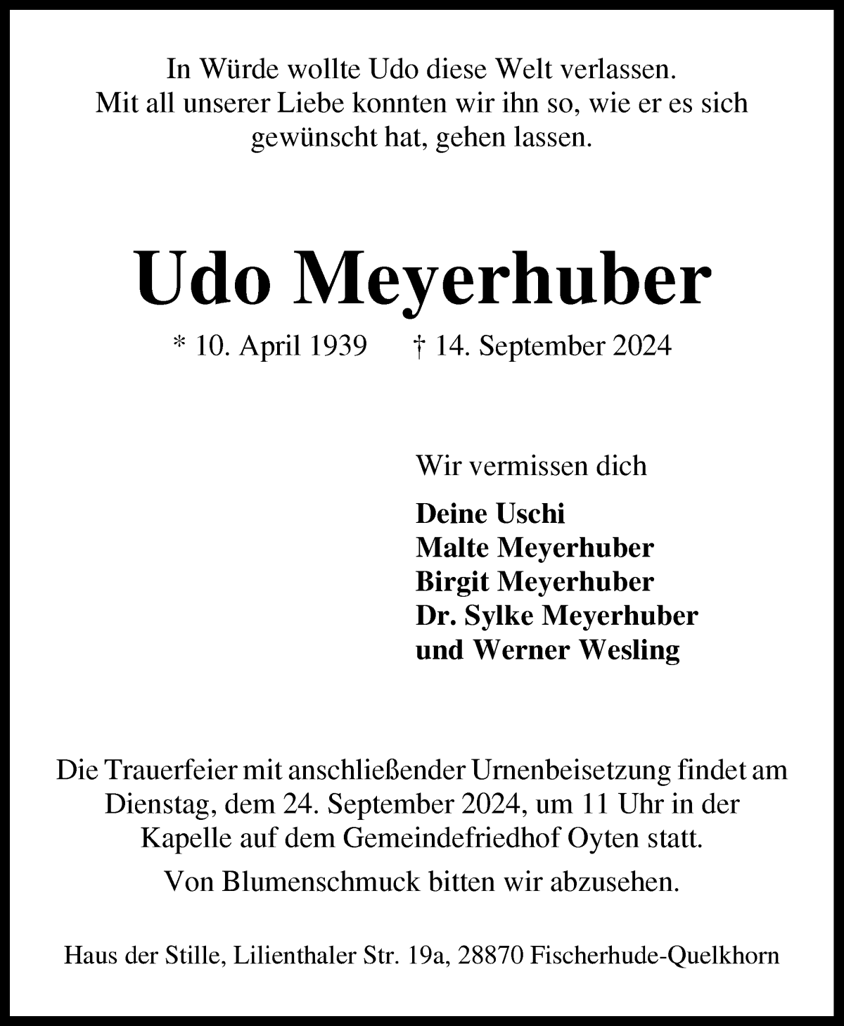 Traueranzeige von Udo Meyerhuber von WESER-KURIER